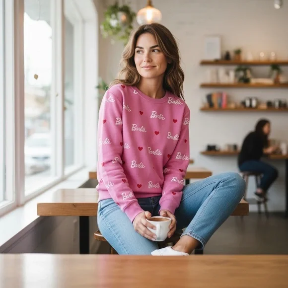 Barbie Pink Logo &  Hearts Sweatshirt Size XL - Picture 5 of 9